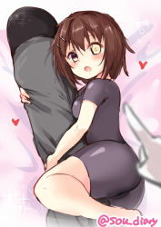 Rule 34 | 1girl, blush, breasts, brown hair, furutaka (kancolle), gloves, hair between eyes, hair ornament, hairclip, heart, heterochromia, kantai collection, looking at viewer, medium breasts, open mouth, short hair, solo, sou (soutennkouchi), torpedo, white gloves, yellow eyes