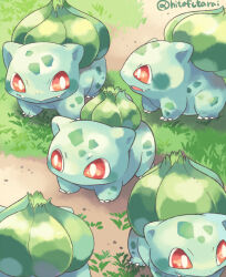 animal_focus bright_pupils bulbasaur claws closed_mouth commentary_request creatures_(company) day game_freak gen_1_pokemon grass hitofutarai nintendo no_humans nostrils open_mouth outdoors pokemon pokemon_(creature) red_eyes twitter_username white_pupils