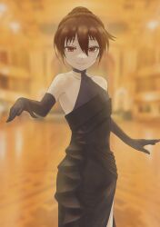 Rule 34 | 1girl, alternate costume, alternate hairstyle, ballroom, black dress, black gloves, blurry, blurry background, brown eyes, brown hair, commentary request, dress, elbow gloves, flat chest, gloves, hair bun, halter dress, halterneck, highres, indoors, kantai collection, looking at viewer, nito (nshtntr), ryuujou (kancolle), single hair bun, sleeveless, sleeveless dress, smile, solo