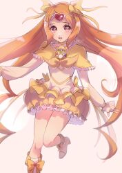 Rule 34 | 1girl, agura dou, boots, bow, brooch, bubble skirt, capelet, choker, circlet, cowboy shot, cure muse (yellow), frills, gradient background, hair ribbon, heart, heart brooch, highres, jewelry, long hair, long sleeves, looking at viewer, magical girl, open mouth, orange hair, precure, red eyes, ribbon, shirabe ako, signature, skirt, smile, solo, standing, standing on one leg, suite precure, tiara, yellow background, yellow bow, yellow choker, yellow skirt