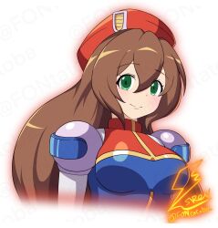 Rule 34 | 1girl, android, artist logo, blue dress, breasts, brown hair, close-up, dress, fontatoba, green eyes, hat, highres, iris (mega man), looking at viewer, medium breasts, mega man (series), mega man x (series), multicolored clothes, multicolored dress, red dress, red hat, robot girl, simple background, smile, solo, twitter username, white background
