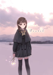 Rule 34 | 1girl, absurdres, black thighhighs, blunt bangs, bow, bowtie, braid, brown eyes, brown hair, capelet, cloud, cloudy sky, coat, flower, hair over shoulder, highres, holding, holding flower, kishida mel, long hair, long sleeves, looking at viewer, low twintails, mountainous horizon, neck ribbon, original, outdoors, ribbon, sky, snow, solo, thighhighs, twin braids, twintails, zettai ryouiki