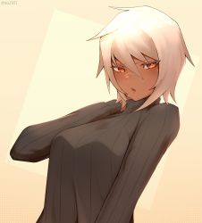 Rule 34 | 1girl, absurdres, black sweater, blazblue, blush, breasts, bullet (blazblue), dark-skinned female, dark skin, hair between eyes, highres, long sleeves, looking at viewer, medium breasts, open mouth, ribbed sweater, scar, scar on face, scar on nose, shio2311, short hair, simple background, solo, sweater, turtleneck, turtleneck sweater, twitter username, upper body, white hair
