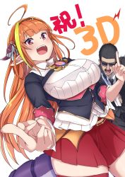 Rule 34 | 1boy, 1girl, absurdres, ahoge, bow, breasts, commentary request, double middle finger, dragon horns, dragon tail, eyelashes, highres, hololive, horn bow, horn ornament, horns, kiryu coco, kiryu coco (1st costume), large breasts, long hair, looking at viewer, middle finger, open mouth, orange eyes, orange hair, pleated skirt, pointy ears, red skirt, skirt, tail, teeth, thick thighs, thighs, tongue, translation request, virtual youtuber, white background, yagitani hitsuji