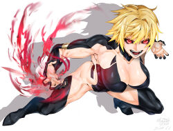 Rule 34 | 1girl, black sclera, blonde hair, breasts, colored sclera, commission, dated, drop shadow, fighting stance, full body, high heels, highres, large breasts, looking at viewer, magic, muscular, muscular female, open mouth, original, red eyes, revealing clothes, shin (ultramarine430), short hair, signature, skeb commission, slit pupils, solo, teeth, very short hair, white background