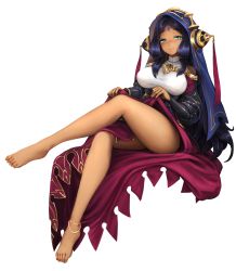 Rule 34 | 1girl, anklet, aqua eyes, barbariank, barefoot, black hair, commentary, dark-skinned female, dark skin, dragalia lost, dress, english commentary, facial mark, feet, forehead mark, full body, headgear, highres, hood, jewelry, juliet sleeves, legs, lifting own clothes, long hair, long sleeves, puffy sleeves, sitting, smile, solo, taut clothes, thighs, transparent background, verica, very long hair