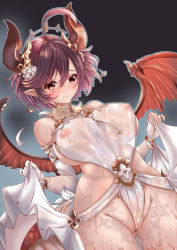 Rule 34 | 1girl, ahoge, bare shoulders, blush, breasts, cameltoe, clothes lift, commission, covered erect nipples, curvy, dragon girl, dragon horns, dragon tail, dragon wings, dress, dress lift, embarrassed, fingerless gloves, gloves, granblue fantasy, grea (shingeki no bahamut), hair between eyes, highres, horns, kuga zankurou, large breasts, lifting own clothes, narrow waist, nipples, no bra, no panties, pointy ears, red eyes, red hair, see-through, shingeki no bahamut, short hair, skeb commission, solo, tail, wedgie, wet, wet clothes, wet dress, white dress, wings