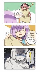 Rule 34 | !, 1boy, 1girl, 3koma, arm support, astolfo (fate), black bow, blanket, bow, braid, bulge, closed mouth, comic, commentary, crack, cracked skin, english commentary, english text, engrish text, erection under blanket, closed eyes, fate/grand order, fate (series), hair bow, hair intakes, highres, long braid, long hair, looking at penis, maroonabyss, mash kyrielight, motion lines, multicolored hair, open mouth, out of frame, penis awe, pink hair, purple eyes, purple hair, ranguage, recurring image, school uniform, serafuku, shaded face, short hair, short sleeves, signature, single braid, sitting, sleeping, smile, speech bubble, spoken exclamation mark, streaked hair, surprised, sweat, table, trap, two-tone hair, very long hair, white hair, wide-eyed, zzz