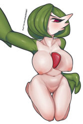 Rule 34 | 1girl, amadeen, arm up, armpits, artist name, blush, breasts, collarbone, colored skin, creatures (company), eyelashes, female focus, game freak, gardevoir, gen 3 pokemon, gluteal fold, green hair, green skin, hair over one eye, half-closed eyes, kneeling, large breasts, looking away, looking to the side, multicolored skin, navel, nintendo, nipples, no humans, no pussy, nude, open mouth, personification, pokemon, pokemon (creature), pussy, reaching, reaching towards viewer, red eyes, seiza, selfie, short hair, simple background, sitting, solo, split mouth, thigh gap, twitter username, two-tone skin, watermark, web address, white background, white skin