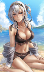 Rule 34 | 1girl, ahoge, bare shoulders, beach, bikini, black bikini, black ribbon, blue sky, blush, breasts, cleavage, closed mouth, clothes writing, cloud, collarbone, commentary request, day, drawstring, grey jacket, hachimaki, hand on own thigh, headband, highres, jacket, kantai collection, kokuzou, large breasts, long sleeves, looking at viewer, navel, ocean, on ground, one side up, open clothes, open jacket, outdoors, ribbon, see-through, silver hair, sitting, sky, smile, solo, stomach, suzutsuki (kancolle), swimsuit, water, yokozuwari