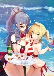 Rule 34 | 2girls, ahoge, arm strap, bare shoulders, bikini, blonde hair, blue nails, blush, breasts, carmilla (fate), carmilla (summertime mistress) (fate), cleavage, collarbone, criss-cross halter, cup, day, earrings, fate/grand order, fate (series), fingernails, gem, green eyes, green gemstone, groin, hair intakes, halterneck, highres, holding, holding cup, jewelry, kakumayu, large breasts, long fingernails, long hair, looking at viewer, lowleg, lowleg bikini, multiple girls, nail polish, navel, nero claudius (fate), nero claudius (fate) (all), nero claudius (swimsuit caster) (fate), outdoors, parted lips, red bikini, side-tie bikini bottom, sidelocks, silver hair, skindentation, smile, stomach, striped bikini, striped clothes, sunglasses, swimsuit, thighs, tropical drink, twintails, yellow eyes