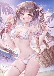 Rule 34 | 1girl, :d, bare shoulders, basket, bikini, blue sky, blush, bow, brown hair, cloud, cloudy sky, commentary request, day, double scoop, food, frilled bikini, frills, groin, hair between eyes, hair bow, hands up, highres, holding, holding food, ice cream, ice cream cone, kohinata hoshimi, looking at viewer, moe2024, navel, open mouth, original, outdoors, palm tree, pink bow, purple eyes, skindentation, sky, smile, solo, swimsuit, tree, twintails, untied bikini