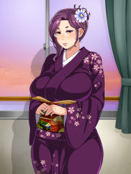 Rule 34 | 1girl, blush, breasts, curtains, enoshima iki, flower, glasses, hair flower, hair ornament, highres, huge breasts, indoors, japanese clothes, kimono, legs, looking at viewer, makeup, original, own hands together, ponytail, purple hair, red eyes, smile, solo, standing, sweatdrop, thighs, window
