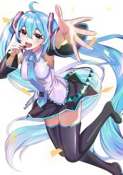 Rule 34 | 1girl, :d, absurdres, black skirt, black thighhighs, blue eyes, blue hair, blue necktie, blush, boots, commentary request, hatsune miku, headset, highres, kujuu shikuro, long hair, looking at viewer, necktie, open mouth, simple background, skirt, smile, solo, thigh boots, thighhighs, twintails, very long hair, vocaloid, white background, zettai ryouiki