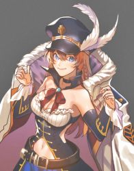 Rule 34 | 1girl, belt, black choker, blue eyes, braid, breasts, brown hair, choker, cleavage, closed mouth, detached collar, detached sleeves, dress, granblue fantasy, grey background, hair between eyes, hands up, hat, hat feather, large breasts, lecia (granblue fantasy), long hair, long sleeves, looking at viewer, navel, neck ribbon, onegingek, peaked cap, red ribbon, ribbon, simple background, smile, solo, upper body