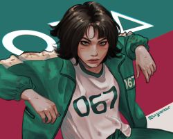 Rule 34 | 1girl, annoyed, black eyes, black hair, blood, blood on clothes, closed mouth, cuts, eyebrows, eyelashes, female focus, freckles, frown, green jacket, green legwear, highres, injury, jacket, kang sae-byeok, lips, long sleeves, looking at viewer, pale skin, pants, shirt, short hair, sleeves past elbows, solo, squid game, track jacket, track pants, track suit, upper body, white shirt, zuyuancesar