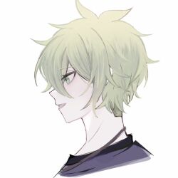 Rule 34 | 1boy, :d, amami rantaro, cropped shoulders, danganronpa (series), danganronpa v3: killing harmony, green eyes, green hair, hair between eyes, huacha (ktk7skr), jewelry, male focus, messy hair, necklace, open mouth, profile, short hair, simple background, smile, solo, white background