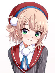 Rule 34 | 1girl, blush, breasts, brown hair, green eyes, hat, highres, indie virtual youtuber, looking at viewer, ribbon, shigure ui (vtuber), shigure ui (vtuber) (1st costume), short hair, small breasts, smile, solo, striped clothes, tamba i, virtual youtuber, white background