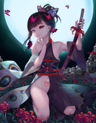 Rule 34 | 1girl, absurdres, alternate costume, bare legs, bare shoulders, black hair, black kimono, black sclera, blunt bangs, bug, butterfly, butterfly hair ornament, closed mouth, collarbone, colored sclera, commentary request, earrings, field, flower, flower field, hair ornament, heterochromia, highres, holding, holding weapon, insect, japanese clothes, jewelry, katana, kimetsu no yaiba, kimono, long hair, looking at viewer, moon, navel, nekobell, no panties, obi, off shoulder, pubic tattoo, purple eyes, red eyes, red flower, sash, seiza, side ponytail, sitting, smile, solo, spider lily, stomach, stomach tattoo, sword, tattoo, tsuyuri kanao, weapon, wide sleeves