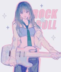 Rule 34 | 1girl, animification, black necktie, black pants, blue bra, bra, brown eyes, brown hair, chaeyoung (twice), gradient hair, grey background, guitar, head tilt, highres, holding, holding instrument, instrument, k-pop, looking at viewer, midriff, multicolored hair, necktie, open clothes, open shirt, pants, qiao nan 1028 hao, real life, shirt, sketch, smile, solo, sparkle, twice (group), underwear, white shirt