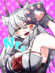 Rule 34 | 1girl, absurdres, animal ears, animal hands, arm up, armpit crease, breasts, cat ears, cat paws, cleavage, cropped shirt, hand on own chest, highres, large breasts, long hair, looking at viewer, open mouth, red shirt, shirt, smile, solo, terumi illust, two-tone shirt, virtual youtuber, vshojo, white hair, white shirt, yellow eyes, zentreya, zentreya (cyborg), zentreya (cyborg) (2nd costume)
