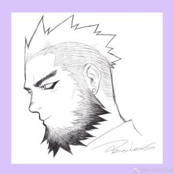 Rule 34 | 1boy, bara, beard, border, cropped head, ear piercing, expressionless, facial hair, from side, greyscale with colored background, looking ahead, male focus, mature male, mohawk, original, piercing, powerlesssong, purple border, short hair, solo, thick beard, thick eyebrows, undercut