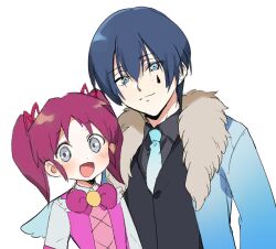 Rule 34 | 1boy, 1girl, :d, black vest, blue eyes, blue hair, blue jacket, blue necktie, closed mouth, collared shirt, commentary request, employee (project moon), fur-trimmed jacket, fur trim, grey eyes, grey shirt, hair between eyes, hair ribbon, height difference, jacket, lobotomy corporation, long sleeves, medu (rubish), neck ribbon, necktie, open clothes, open jacket, open mouth, pink hair, pink ribbon, pink shirt, project moon, ribbon, shirt, short hair, short twintails, simple background, smile, twintails, vest, white background