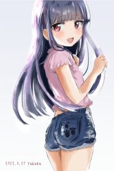 Rule 34 | 1girl, artist name, ass, black hair, blue shorts, blush, child, commentary, cowboy shot, dated, denim, denim shorts, flat chest, frilled sleeves, frills, hand on own chest, hand up, highres, idolmaster, idolmaster cinderella girls, long hair, looking at viewer, looking back, open mouth, paw print, pink shirt, red eyes, sajo yukimi, shirt, short sleeves, shorts, sidelocks, smile, solo, takana481, thighs, white background