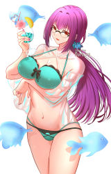 Rule 34 | 1girl, bare shoulders, bikini, black bikini, breasts, cleavage, collarbone, cup, drinking glass, fate/grand order, fate (series), green bikini, hair between eyes, highres, large breasts, long hair, long sleeves, looking at viewer, navel, off shoulder, open clothes, open mouth, open shirt, oursong (kiam pis), purple hair, red eyes, scathach (fate), scathach skadi (fate), scathach skadi (swimsuit ruler) (fate), scathach skadi (swimsuit ruler) (final ascension) (fate), see-through, smile, solo, swimsuit, thighs, two-tone bikini