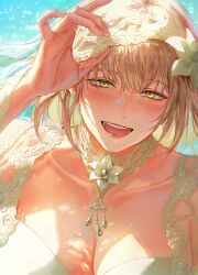 Rule 34 | 1girl, :d, alternate costume, blonde hair, blue sky, breasts, bridal veil, chagok yun, cleavage, collar, collarbone, commentary request, day, dress, dungeon meshi, falin touden, falin touden (tallman), flower, hair flower, hair ornament, hand on headwear, hand up, happy, highres, korean commentary, lace, lace-trimmed dress, lace-trimmed veil, lace collar, lace trim, looking at viewer, medium breasts, open mouth, outdoors, portrait, short hair, sky, smile, solo, sunlight, veil, wedding dress, white collar, white dress, white flower, yellow eyes