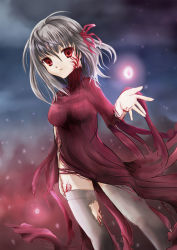 Rule 34 | 00s, 1girl, blood, breasts, dark matou sakura, dark sakura, dutch angle, fate/stay night, fate (series), floating, floating object, glowing, grey thighhighs, large breasts, long hair, looking at viewer, mahouni, matou sakura, orb, red eyes, red hair, short hair, side slit, solo, standing, striped, thighhighs, torn clothes, torn thighhighs, turtleneck