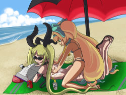 Rule 34 | 2girls, :q, arc system works, armband, artist name, beach, beach towel, beach umbrella, bell, neck bell, bikini, blazblue, blazblue: continuum shift, blonde hair, bow, collar, day, drawfag, flat chest, gii, hair bow, hair ribbon, hairband, heart, heart-shaped pupils, juice box, long hair, lotion, lying, mario grant, multiple girls, nago, ocean, on stomach, platinum the trinity, rachel alucard, reading, red eyes, ribbon, straddling, sunglasses, swimsuit, symbol-shaped pupils, tongue, tongue out, towel, twintails, two side up, umbrella, very long hair