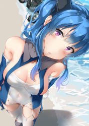 Rule 34 | 1girl, argyle, argyle clothes, argyle cutout, arms at sides, azur lane, bad id, bad pixiv id, bare shoulders, blue dress, blue gloves, blue hair, blue thighhighs, blush, breasts, cleavage, cleavage cutout, clothing cutout, commentary, covered navel, dress, elbow gloves, foreshortening, from above, garter straps, gloves, hair ornament, hair over shoulder, head tilt, highres, long hair, looking at viewer, medium breasts, open mouth, ponyaru, purple eyes, rock, sand, shadow, shore, side ponytail, sideboob, sidelocks, solo, st. louis (azur lane), strapless, strapless dress, thighhighs, thighs, two-tone dress, water, white dress, white gloves, white thighhighs