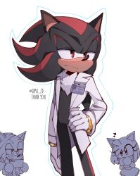 Rule 34 | 1girl, 2boys, ?, alternate costume, amy rose, animal ears, artist name, black fur, coat, furry, furry female, furry male, gloves, gold bracelet, hand on own hip, highres, kumo zd, lab coat, multiple boys, name tag, open clothes, open coat, red eyes, red fur, shadow the hedgehog, simple background, solo focus, sonic (series), sonic the hedgehog, white background, white coat, white gloves