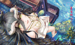 Rule 34 | 1girl, absurdres, albedo (overlord), apartment, bare shoulders, black hair, black wings, breasts, building, demon girl, demon horns, demon wings, dress, elbow gloves, feet, gloves, hair between eyes, half gloves, highres, horns, large breasts, lips, long hair, lying, overlord (maruyama), scattered rain, solo, thighhighs, thighs, tree, water, white dress, white gloves, wings, yellow eyes