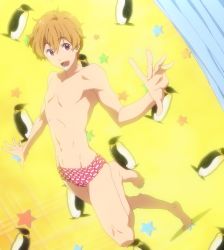 Rule 34 | 10s, 1boy, blonde hair, free!, hazuki nagisa, highres, male focus, navel, open mouth, red eyes, screencap, solo, standing, swimsuit