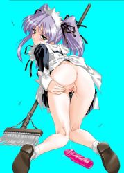Rule 34 | 1girl, anus, ass, bent over, broom, clothes lift, dildo, dress, dress lift, female focus, hoshino ruri, kidou senkan nadesico, kneepits, light purple hair, long hair, long sleeves, looking at viewer, looking back, maid, maid headdress, no panties, orimiya mai, pussy, pussy juice, pussy juice trail, sex toy, simple background, skirt, skirt lift, socks, solo, spread pussy, twintails, uncensored, white socks, yellow eyes