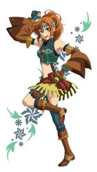 Rule 34 | 1girl, :d, aqua gloves, arm up, asymmetrical legwear, bandana, blue socks, boots, brown footwear, brown hair, brown sleeves, clenched hands, crop top, cross-laced clothes, detached sleeves, earrings, falcom, fingerless gloves, fringe trim, full body, gloves, green eyes, hair between eyes, headband, high ponytail, highres, holster, jewelry, karna (ys), knee boots, kneehighs, kotori hina, leg up, long hair, long sleeves, looking at viewer, midriff, miniskirt, navel, necklace, open mouth, ponytail, simple background, single thighhigh, skirt, smile, socks, solo, standing, standing on one leg, stomach, thigh holster, thighhighs, uneven legwear, white background, wide sleeves, ys, ys memories of celceta