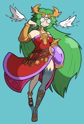 Rule 34 | 1girl, alternate color, alternate costume, angel wings, bespectacled, female focus, full body, glasses, green hair, hair ornament, jewelry, kid icarus, kid icarus uprising, nintendo, palutena, round eyewear, shenanimation, shield, simple background, solo, strut, super smash bros., thighhighs, wings