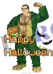 Rule 34 | 1boy, alternate pectoral size, bara, belly, biceps, buck (q-force), bulge, buzz cut, chest hair, dinosaur costume, dinosaur tail, flexing, full body, grin, hairy, halloween costume, happy halloween, highres, icelernd, jack-o&#039;-lantern, large pectorals, looking at viewer, male focus, male pubic hair, mature male, muscular, muscular male, navel, navel hair, open clothes, pectoral cleavage, pectorals, pubic hair, pubic hair peek, q-force, short hair, sideburns, smile, solo, stomach, tail, thick eyebrows, unbuttoned, very short hair, weibo logo, weibo watermark