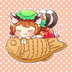 Rule 34 | 1girl, :3, animal ear fluff, animal ears, blush, brown hair, cat ears, cat tail, chen, closed eyes, closed mouth, commentary request, dotted background, dress, earrings, fang, food, green hat, hat, heart, ibaraki natou, jewelry, lying, mob cap, on food, on stomach, pink background, red dress, short hair, single earring, solo, tail, taiyaki, touhou, wagashi