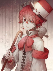 Rule 34 | 1boy, angel31424, boots, colored sclera, fukase, hat, male focus, pale skin, point (vocaloid), red eyes, red hair, red sclera, smile, solo, top hat, vocaloid
