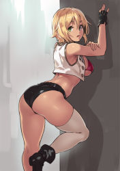 Rule 34 | 1girl, :o, against wall, arched back, arm up, ass, bikini, bikini top only, black bikini, blonde hair, breasts, fingerless gloves, from behind, gloves, green eyes, houtengeki, large breasts, leaning forward, looking back, midriff, open mouth, original, shiny skin, short hair, single glove, single thighhigh, skindentation, solo, swimsuit, thighhighs, underboob