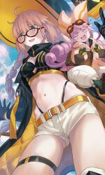 Rule 34 | 2girls, aesc (9th anniversary) (fate), aesc (fate), aora, baggy pants, blonde hair, blue eyes, blush, book, braid, breasts, button eyes, buttons, cleavage, closed eyes, fate/grand order, fate (series), glasses, habetrot (fate), hat, highleg, highleg panties, hood, hooded jacket, jacket, large breasts, long hair, long sleeves, looking to the side, multiple girls, official alternate costume, open mouth, panties, pants, pink hair, pink hat, pink jacket, pointy ears, shorts, sidelocks, small breasts, smile, thighhighs, twin braids, underwear, white pants, witch hat