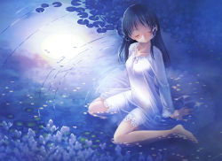 Rule 34 | 1girl, absurdres, barefoot, circle skirt, closed eyes, flower, fortune arterial, highres, iuro, kuze kiriha, lily pad, long hair, long sleeves, moon, moon reflection, petals, reflection, ripples, sitting, solo, submerged, wariza, water