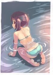 Rule 34 | 1girl, arm support, ass, back, barefoot, bikini, brown hair, feet, garun wattanawessako, long hair, looking back, partially submerged, red eyes, soles, solo, swimsuit, toes, twintails, water