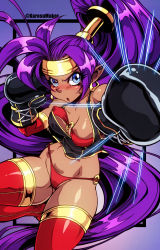 Rule 34 | :o, absurdly long hair, artist name, big hair, bikini, black border, black gloves, blue eyes, blush, boots, border, bouncing breasts, boxing, boxing gloves, breasts, bruise, cameltoe, cleavage, commentary, cowboy shot, crop top, dark-skinned female, dark skin, earrings, english commentary, gloves, groin, hair ornament, headband, high ponytail, highleg, highleg bikini, highres, hoop earrings, incoming attack, incoming punch, injury, jewelry, karosu maker, long hair, looking at viewer, o-ring, o-ring bikini, o-ring bottom, o-ring top, outside border, partially visible vulva, punching, purple border, purple hair, red bikini, red footwear, scanlines, shantae, shantae (series), shiny clothes, shiny skin, sideboob, skindentation, swimsuit, thigh boots, thighhighs, toned, twitter username, underboob, v-shaped eyebrows, very long hair