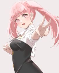 Rule 34 | 1girl, belt, blunt bangs, blush, colored eyelashes, fire emblem, fire emblem: three houses, hilda valentine goneril, long hair, long sleeves, matching hair/eyes, nintendo, open mouth, pink eyes, pink hair, shirt, simple background, skeptycally, smile, solo, twintails, uniform, v