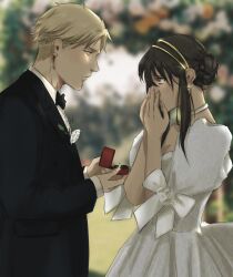 Rule 34 | bride, couple, dress, earrings, flower, formal, gold earrings, gold hairband, groom, hairband, hetero, highres, husband and wife, jacket, jewelry, nori (noriarchives), ring, rose, spy x family, suit, tearing up, tuxedo, twilight (spy x family), wedding, wedding dress, wedding ring, white dress, white flower, white rose, yor briar