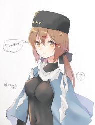 Rule 34 | 1girl, black bow, black shirt, black skirt, blouse, blue shawl, blush, bow, breasts, brown eyes, brown hair, closed mouth, covered navel, cyrillic, fur hat, hair between eyes, hair ornament, hairclip, hat, highres, kantai collection, looking at viewer, medium breasts, papakha, raymie0124, scarf, shawl, shirt, shoal, skirt, smile, solo, tashkent (kancolle), torn clothes, torn scarf, upper body, white scarf